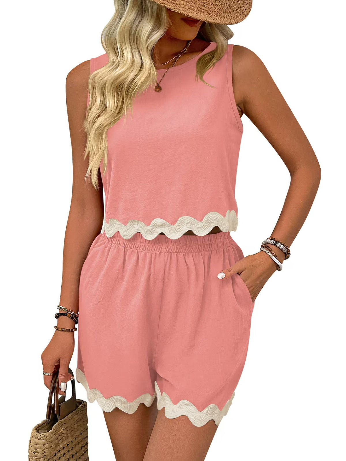 T588-1244  Lace round neck vest set, short sleeved top, short sleeved