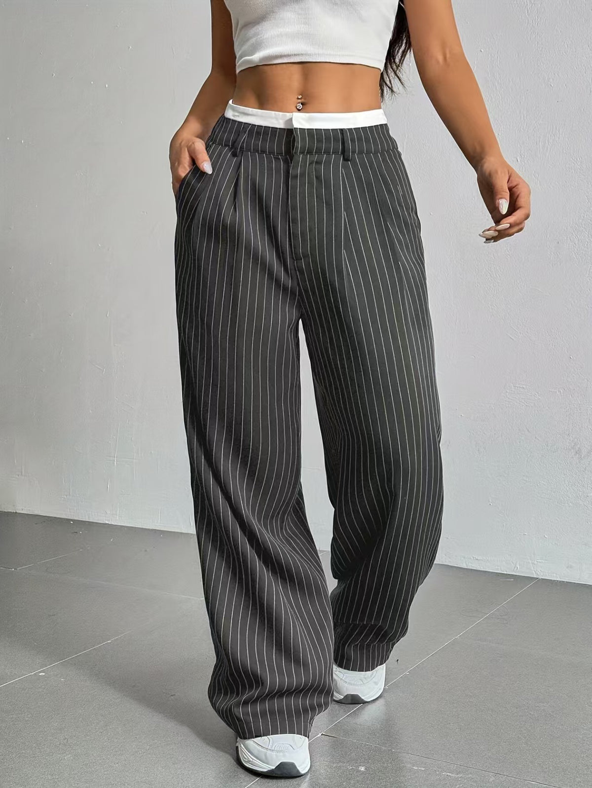 High waisted drape striped suit pants versatile  E1292