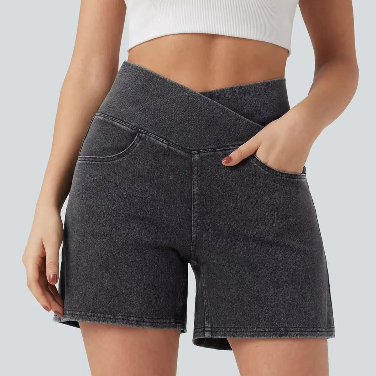 T588-1093 Cross high waisted denim shorts, casual cycling pants