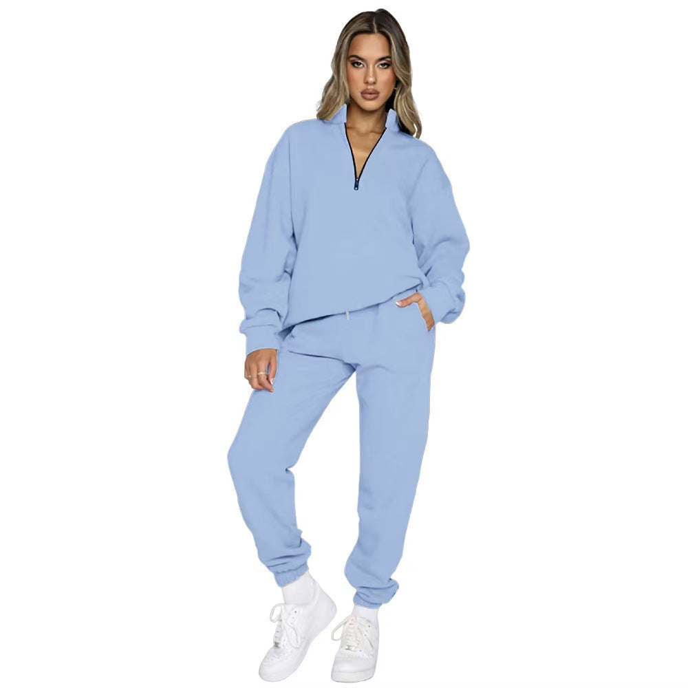 T588-812  Stand up collar pullover solid color hoodie set long sleeved