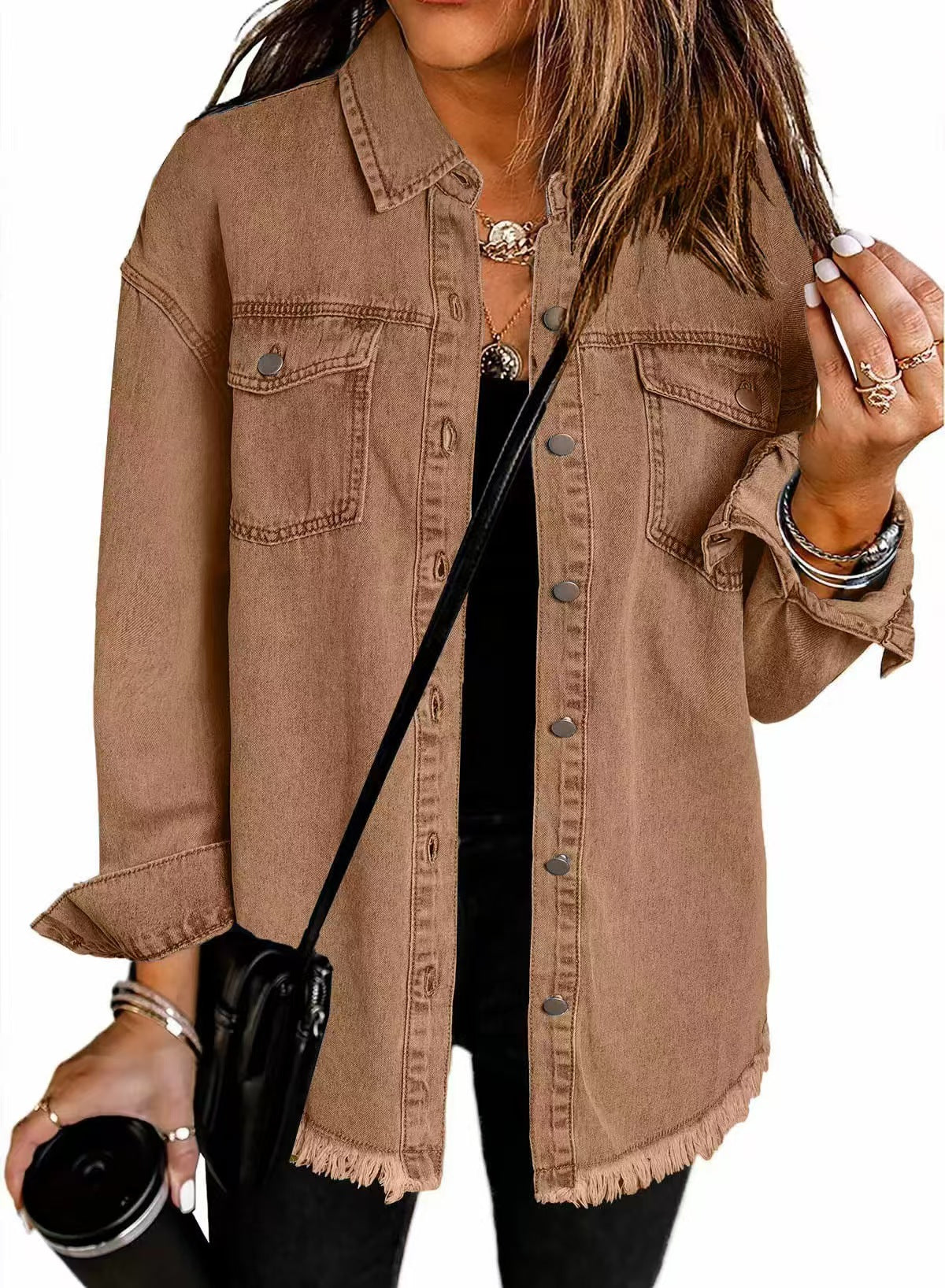 T588-610 - Button-up Frayed Hem Jacket-GYYF