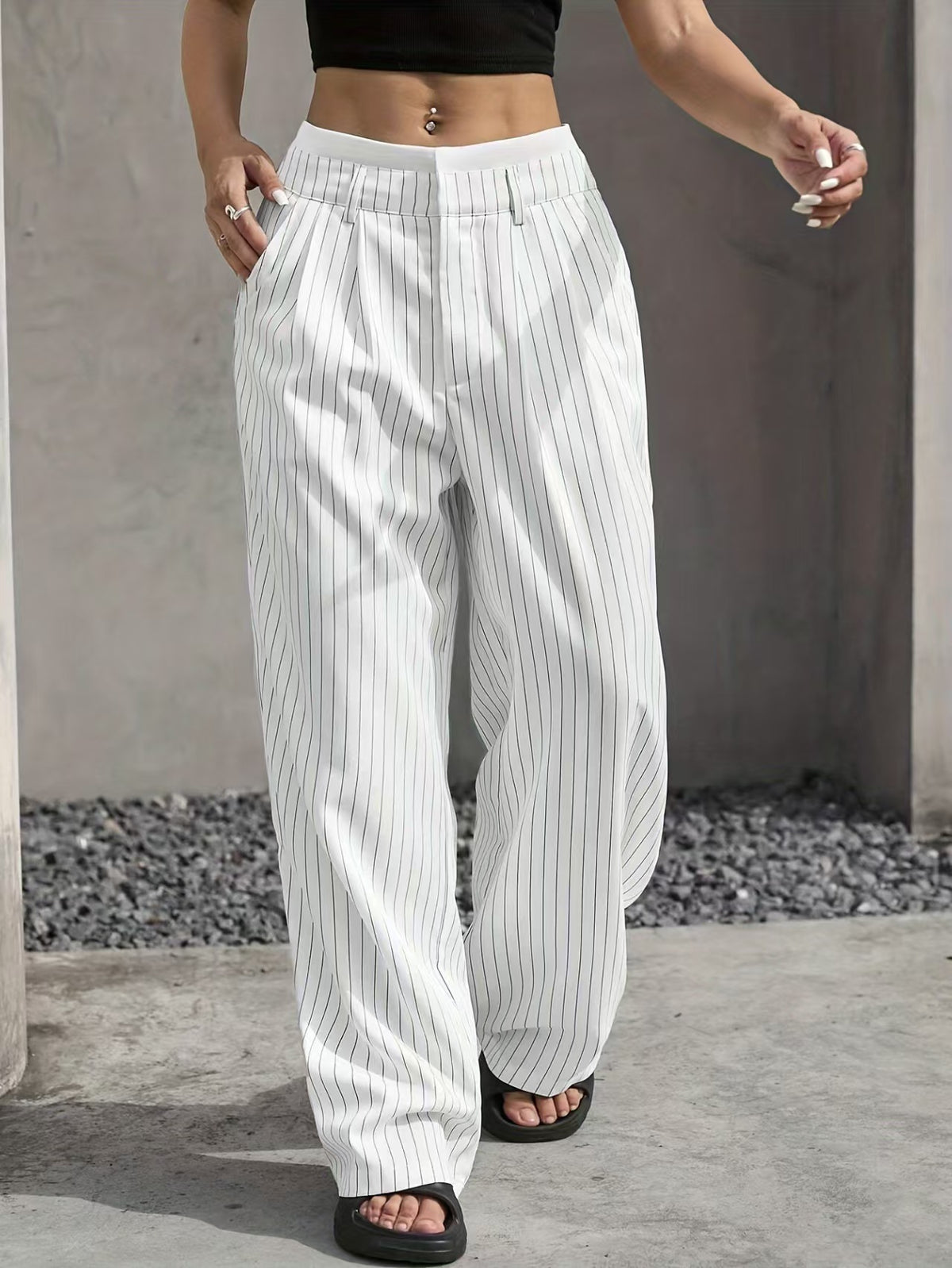 High waisted drape striped suit pants versatile  E1292