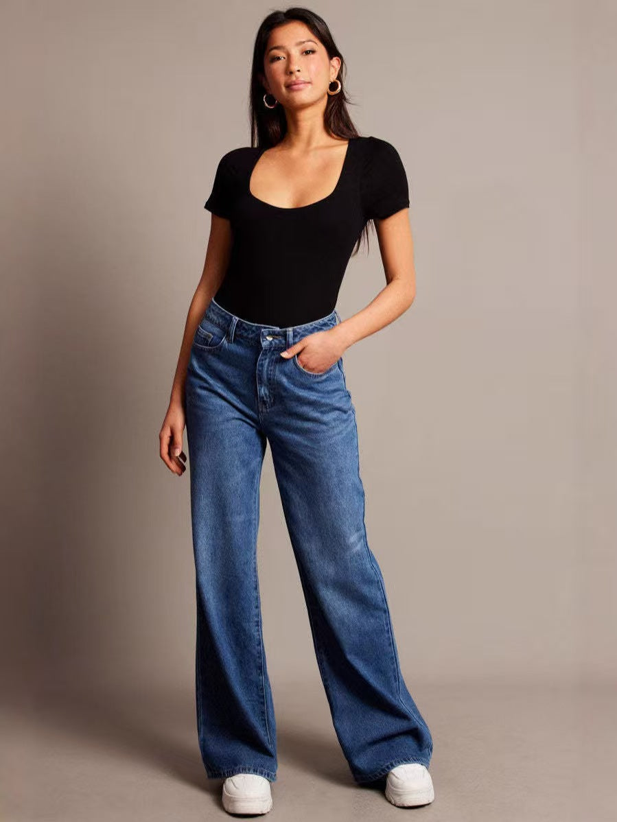 Loose wide leg women's jeans look slim and high waisted